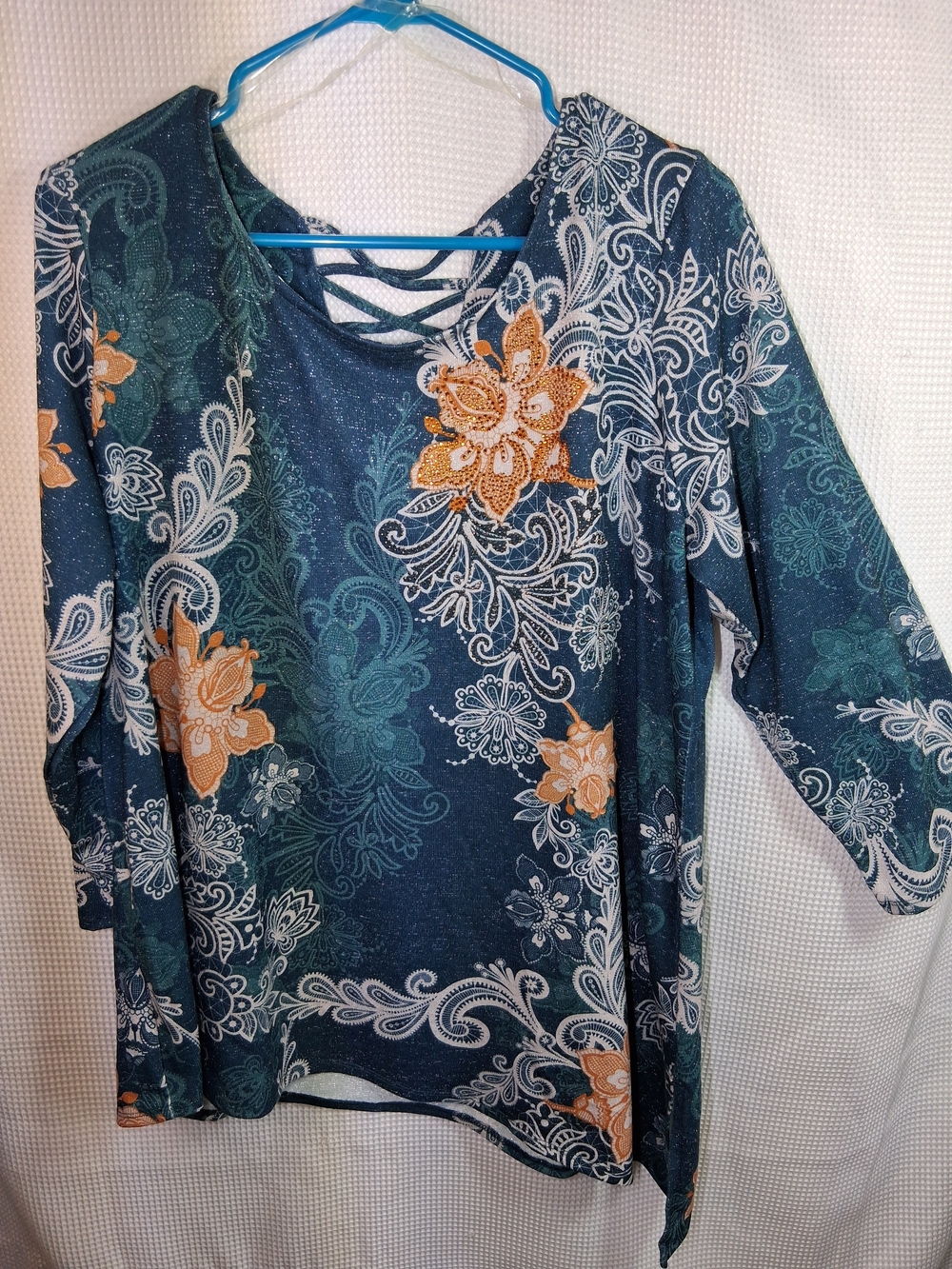 Westport Teal Floral Long-Sleeve Top with Strappy Back Detail